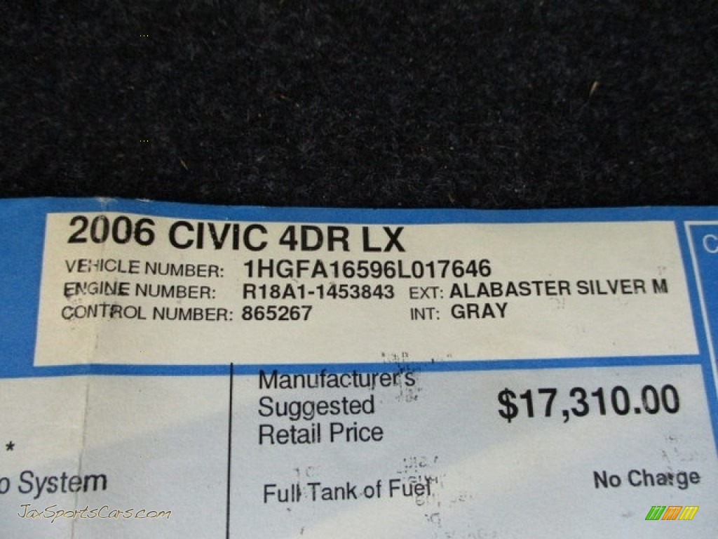 2006 Civic LX Sedan - Alabaster Silver Metallic / Gray photo #29